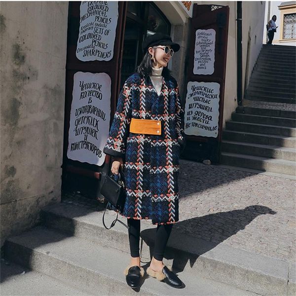 

women's wool & blends women vintage thicken warm woolen overcoat button female v-neck long plaid jacket wide-waisted casual winter coat, Black