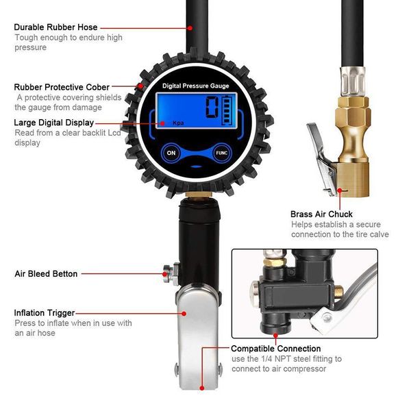 

1 set digital tire inflator with pressure gauge 200 psi air chuck kit bx