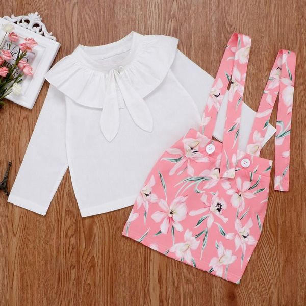 

2020 baby kids girls clothing set new summer style floral + overalls suit clothes sets for 1-4y kids ruffles sleeve sets, White