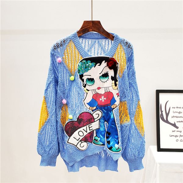 

2019 autumn new cartoon sticker sequins loose knitted sweaters girls pullover knitwear oversize sweater jumper femme students, White;black