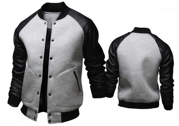 

leather single breasted mens outerwear mens jackets stand collar long sleeve baseballl mens coats sports panelled, Black;brown