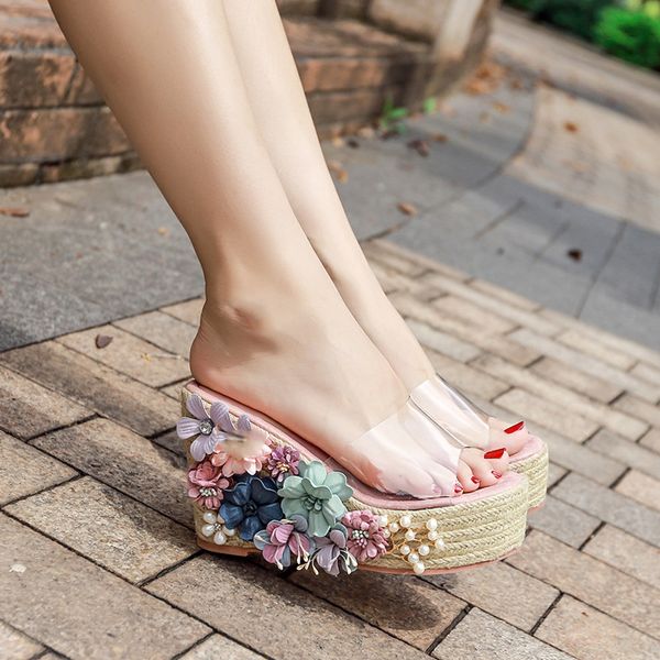 

2019 summer new wedge with platform fashion flowers high heel slippers bohemian beach waterproof platform shoes, Black