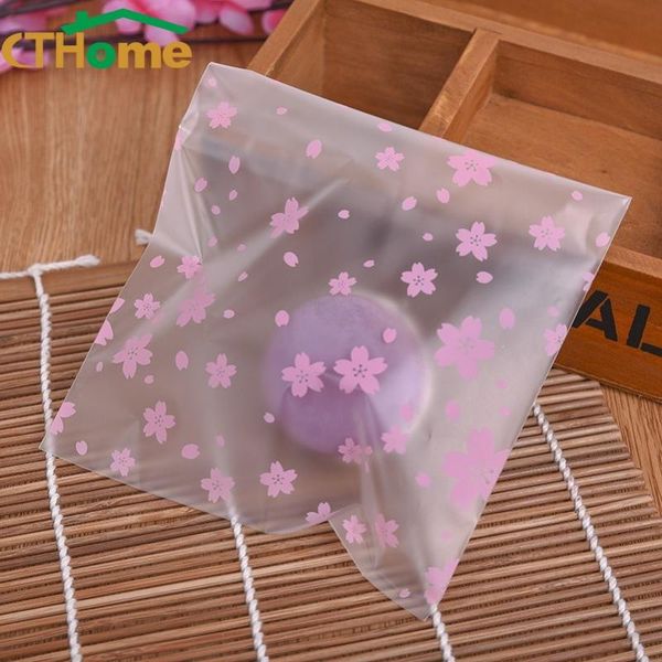 

100 pcs frosted pink cherry blossom self-adhesive candy biscuit packaging goodie plastic bags party diy hand sealed bag gift bag