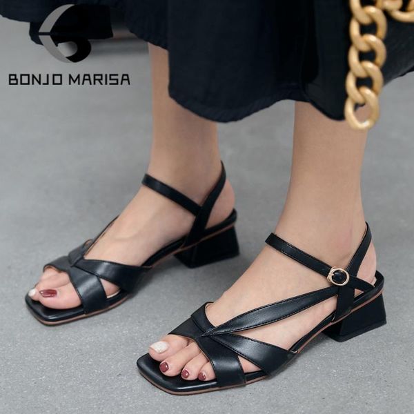 

bonjomarisa new office ladies concise summer comfy med chunky heels sandals women elegant summer shoes woman, Black