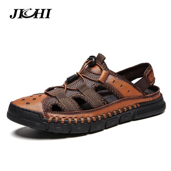 

2019 new big size genuine leather men sandals summer quality beach slippers casual sneakers outdoor beach shoes 38-46, Black