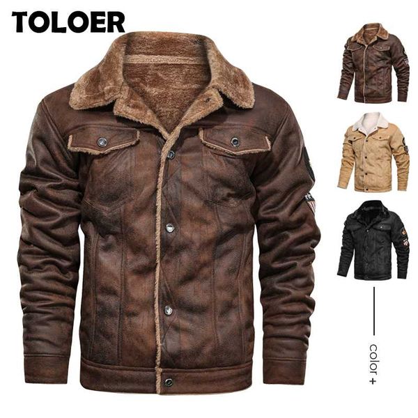 

winter jacket men thick warm suede chamois jackets male motorcycle vintage outwear fleece bomber coat chaqueta hombre, Black