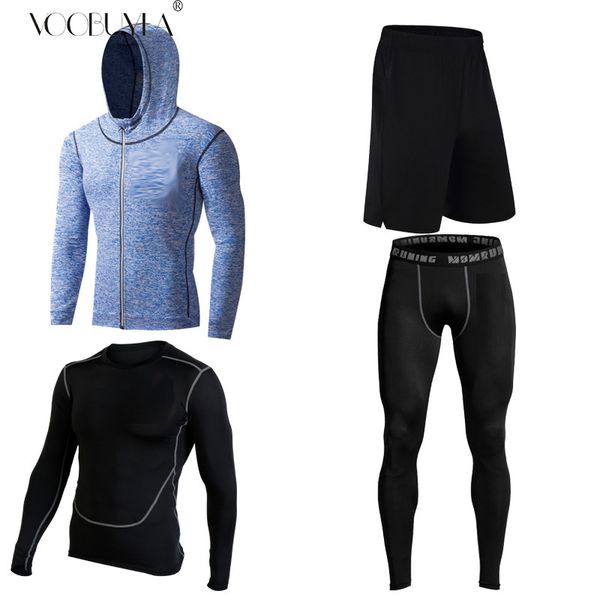 

voobuyla men 4pcs running set men sport suits quick dry basketball soccer training tracksuits fitness gym clothing running sets, Black;blue