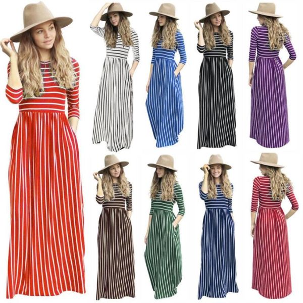 

new spring autumn 2020 elegant women long dress striped splice maxi dress pocket big swing loose high stretch robe vestido, Black;gray
