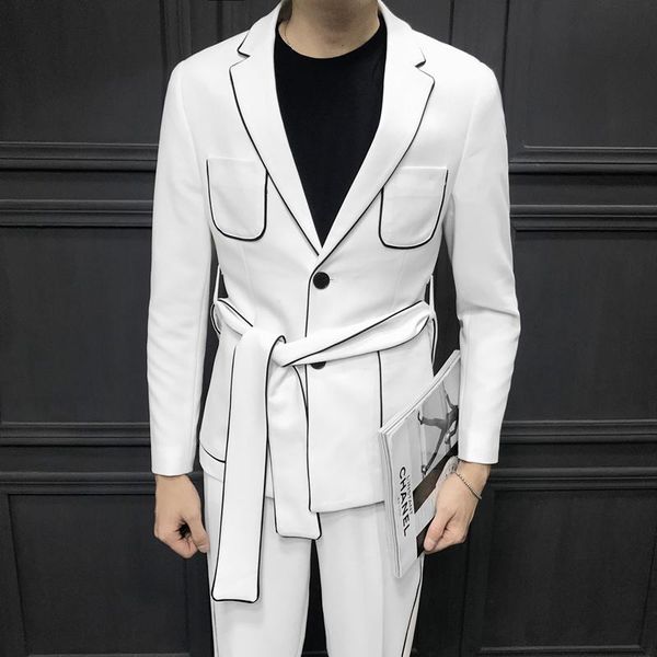 

2019 spring long sleeve belt decoration man's suit korean self-cultivation weave bring full dress suit man suit ternos masculino sh1908, White;black