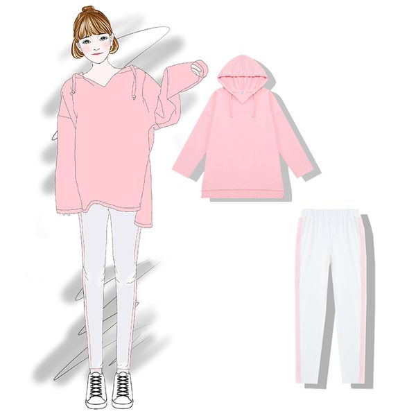 

2019 new fashion women's two piece set college style suit hooded long-sleeved shirt + elastic elastic waist sports pants tide, White