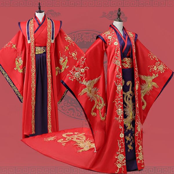 

zhou dynasty traditional chinese red wedding costume hanfu for bride and groom delicate embroidery costume, Black;red
