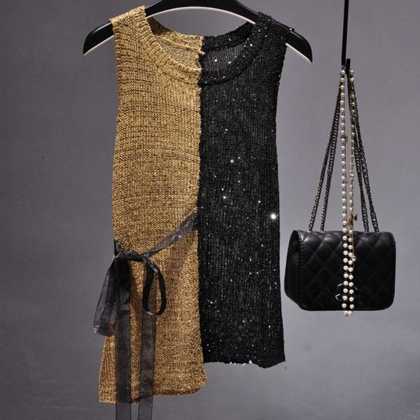

2017 new casual bling bling sequins shiny knitted tank women gold shiny sequined knitted vest women shiby camis top, White