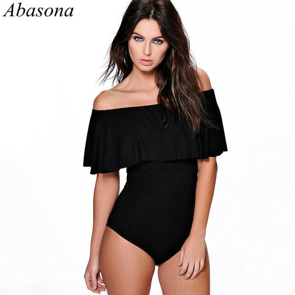 

abasona 2019 summer romper off the shoulder ruffles backless bodysuit casual beach playsuit women overalls body femme, Black;white