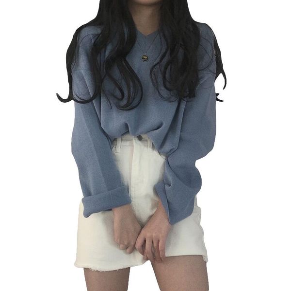 

new women's solid color long-sleeved loose v-neck sweater, White;black