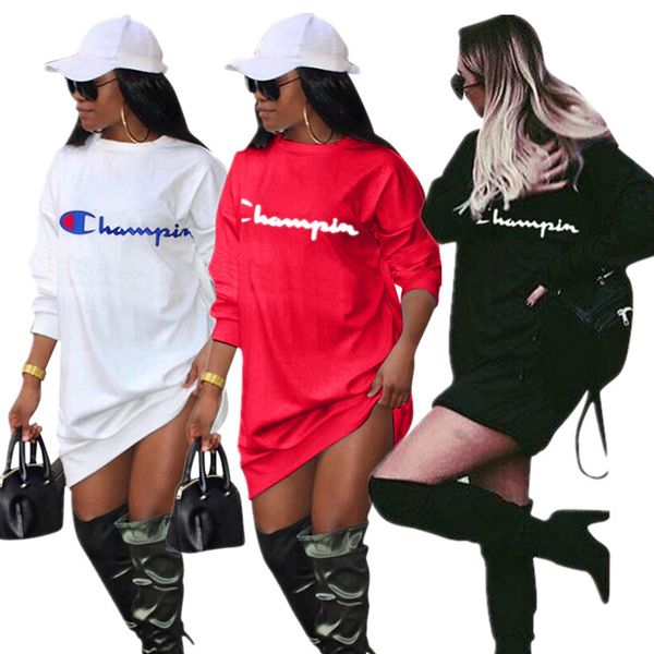 

spring champions hoodies dress women long sleeve o-neck mini dresses fashion one-piece skirt letter print outfits casual loose streetwear, White