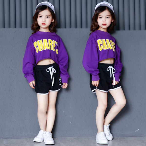 

kids girls two pieces set for summer fashion purple crop long sleeve and black shorts teenage clothes, White
