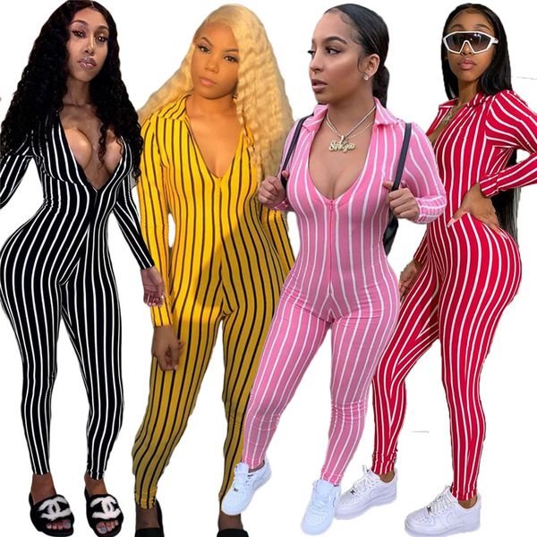 

women casual striped jumpsuit v neck rompers fashion clubwear long sleeve bodysuit skinny one piece pants fall winter clothing 2408, Black;white