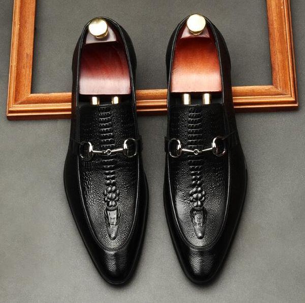 

designer men alligator dress shoes loafers luxury genuine leather red bottom breathable flats pointed toe leather shoes party wedding shoes, Black