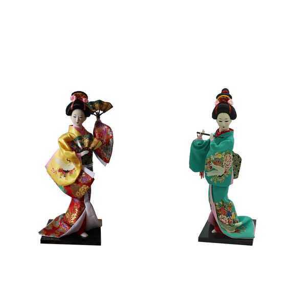 

2pcs 12inch vintage japanese kimono geisha doll figure statues yellow/green