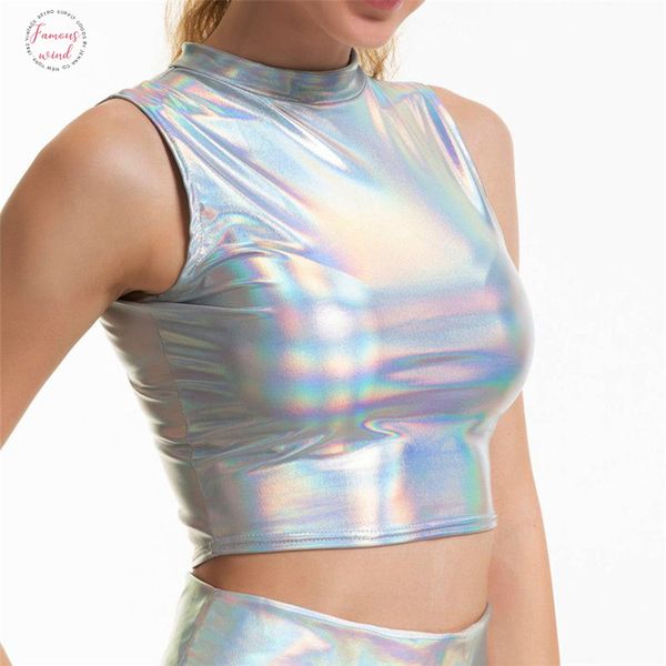 

silver holographic multi designs tank fashion strapless tube turtleneck crop new strap camis sleeveless vest, White