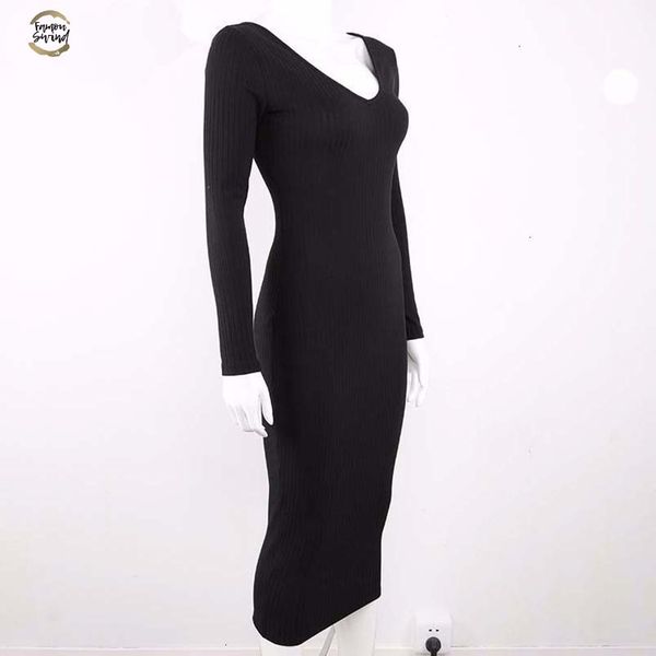 

bodycon dresses women v neck long sleeve stretchy club party midi dress knitted sweater casual pencil long dress designer clothes, Black;gray