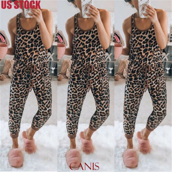 

fashion women ladies leopard print sleeveless pocket party summer casual long jumpsuit tied romper overalls, Black;white