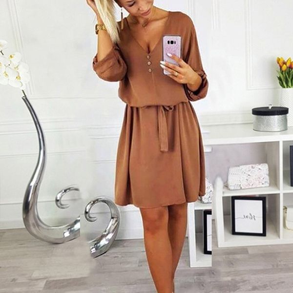 

офис леди случайные свободные женщины элегантное платье дамы пояса половина рукава v шеи кнопка линия платье 2019 новое прибытие женщин, Black;gray