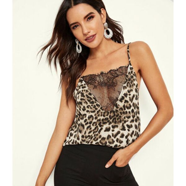 

2019 women lady fashion cool spaghetti strap lace leopard print vest loose sleeveless backlesss tank t-shirt camis