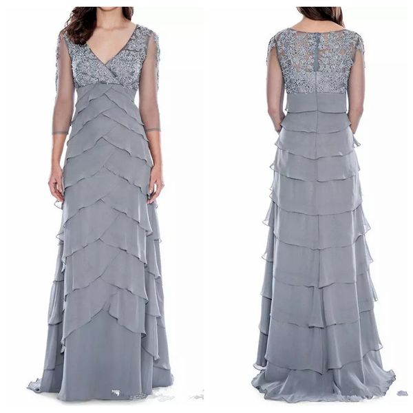 

2019 modest v-neck sheer quarter lace appliques mother formal dresses chiffon tiered long vestidos de prom party gowns women mother's d, Black;red