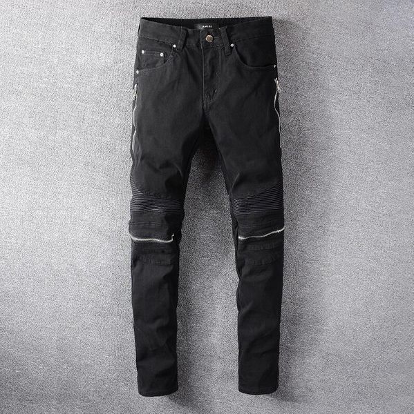 

2020sell fashion brand design summer men's denim skinny biker jean embroidery pants holes jeans button mens long pants a526, Blue