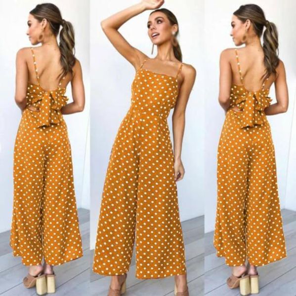 

casual spaghetti strap wide leg jumpsuit bow 2019 summer polka dot high waist long rompers backless print jumpsuit, Black;white