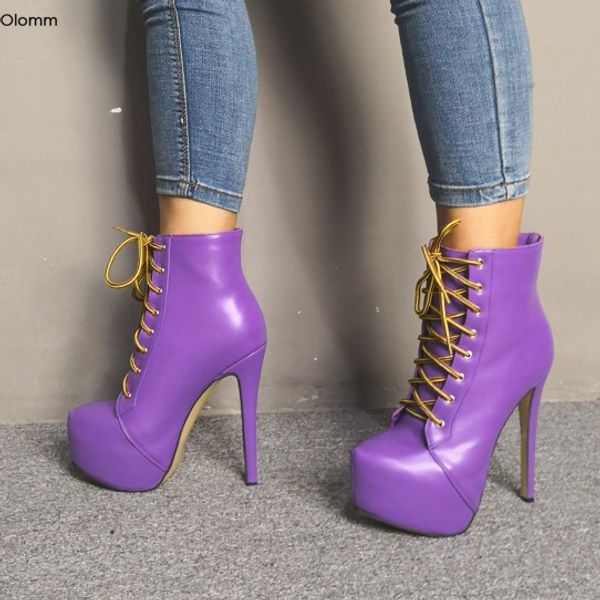 

rontic new women ankle boots lace up stiletto high heels boots round toe gorgeous purple party shoes women plus us size 5-15, Black