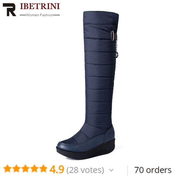 

ribetrini women over the knee high long boots thick flat platform winter fur shoes woman snow boots botas mujer plus size 35-44, Black