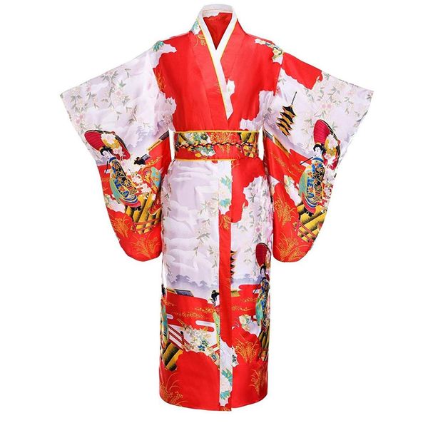 

traditional japanese women kimono printed yukata bath robe vintage evening party prom dress gown with obi lady gift, Red