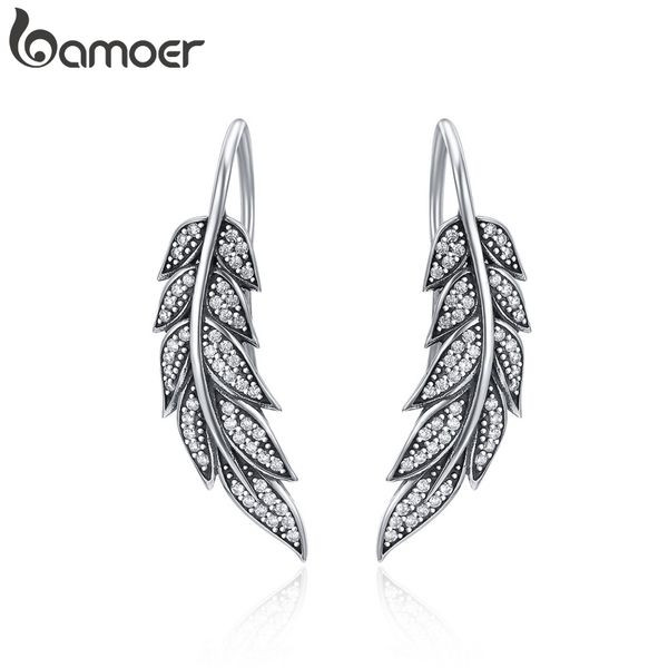 

BAMOER Fashion 925 Sterling Silver Vintage Feather Wings Long Drop Earrings for Women Sterling Silver Jewelry Brincos SCE215