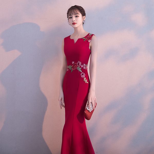 

slim flower embroidery long fishtail chinese style evening dress chinese wedding toast dress size xs-3xl, Red