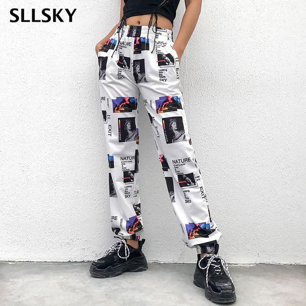 

sllsky cargo pants women with print wide leg trousers high street punk female breeche harajuku harem pant pantalon cargo femme, Black;white