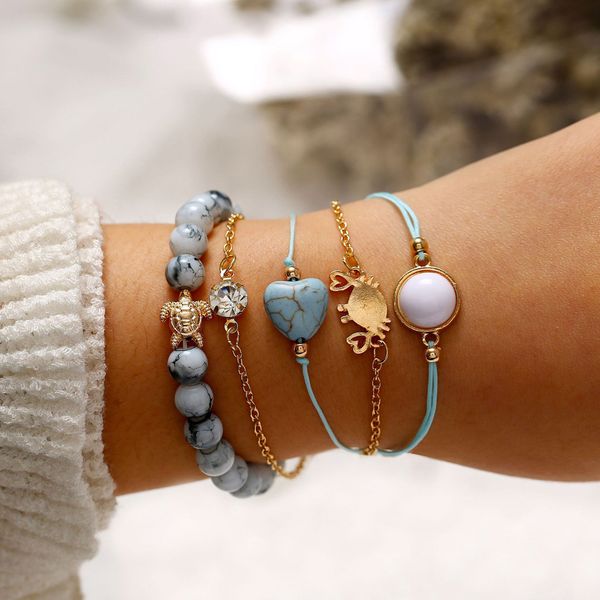 

5 pcs/ set punk turtle map heart letter love crystal beads chain multilayer pendant gold bracelet set charm girl jewelry gift, Black