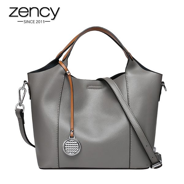 

zency 100% real cow leather fashion women handbag casual tote large capacity elegant lady shoulder crossbody bags black grey