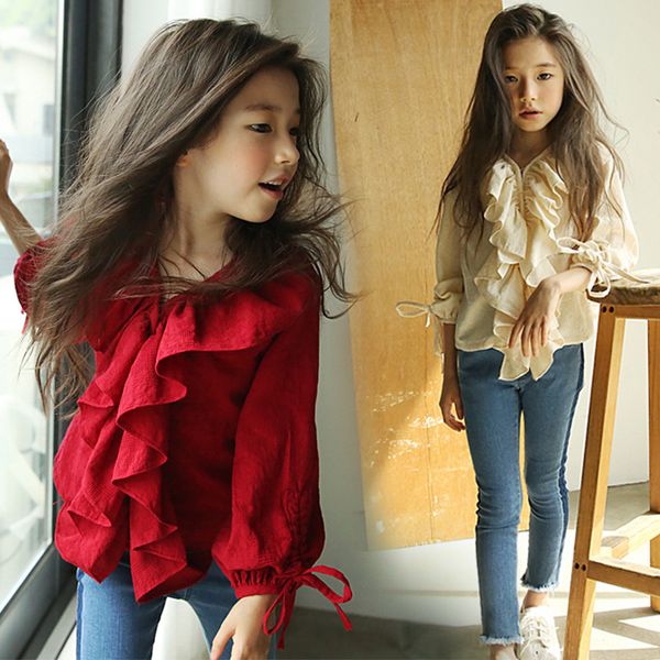 

girls shirts kids winter clothes 2019 spring new long-sleeved red blouses cotton shirts girls v-neck tees children clothing, White;black