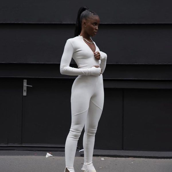 

2020 fashion women bodycon jumpsuits long sleeve zippers casual sports rumper ladies party streewear jumpsuit, Black;white