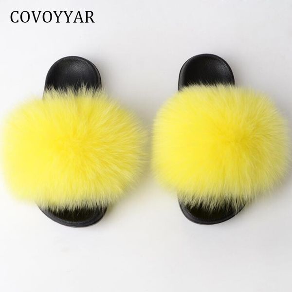 

covoyyar furry women slippers 2018 summer sweet fluffy fox fur women sandals slides slip on soft flat beach shoes wsl572, Black