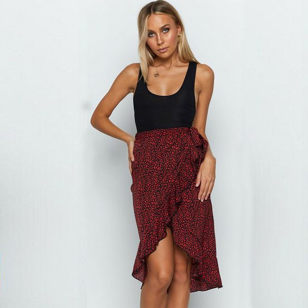 

wrap bow satin midi skirt women split leopard print high waist skirts high fashion winter feminino skirt, Black