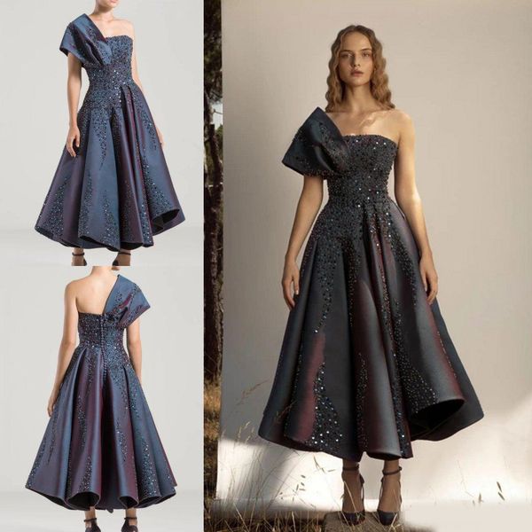 

2020 formal evening prom dresses one shoulder beaded ruffle tea length evening party gowns custom made guest gowns, Black