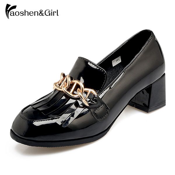 

haoshen&girl new patent leather shoes women 2020 spring thick heel square head slip on england style retro shoes plus size31-48, Black