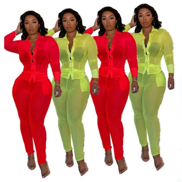 

2020 женщин двухкусочного tracksuit лето see-хотя кардиган куртка топ + брюки поножей нарядов красной одежда сексуального вскользь износ e32, White