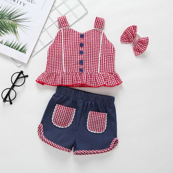 

Baby Girl Clothing Summer Clothes Two Piece Sets Plaid Shirt +short clothes sets 100% cotton girl Lolita clothing sets