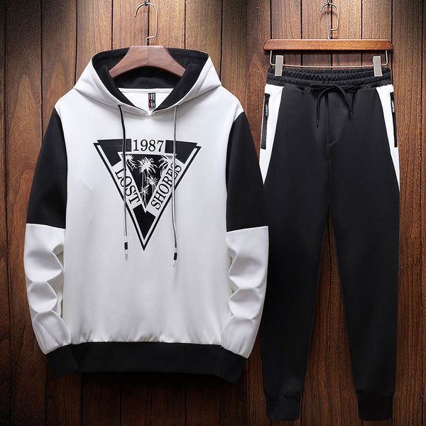 

set men's thin spring new style men korean-style slim fit hooded printed versatile casual two-piece set trend hoodie men, Black
