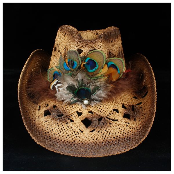 

handmade женщины соломенная западная cowboy hat summer lady-бич перо сомбреро hombre соломы панама пастушка джаз вс cap, Blue;gray