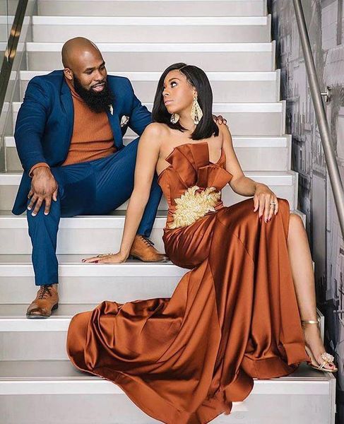 

black girls dusty orange satin prom dresses strapless mermaid pleats side splits formal evening occasion dresses custom made